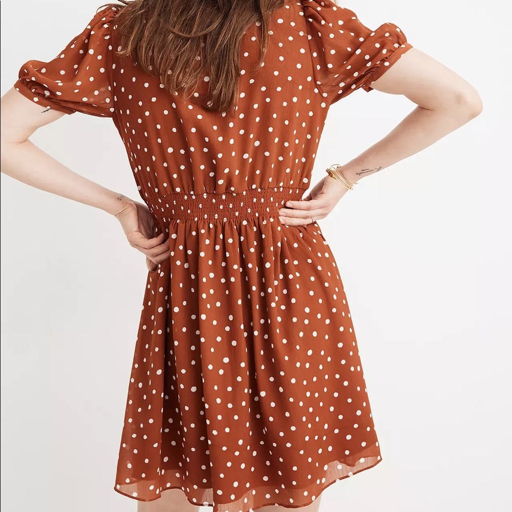 NWT Madewell Smocked Waist Mini Dress Inkspot Dots Brown Polka Dot Pinup Small - Picture 5 of 16